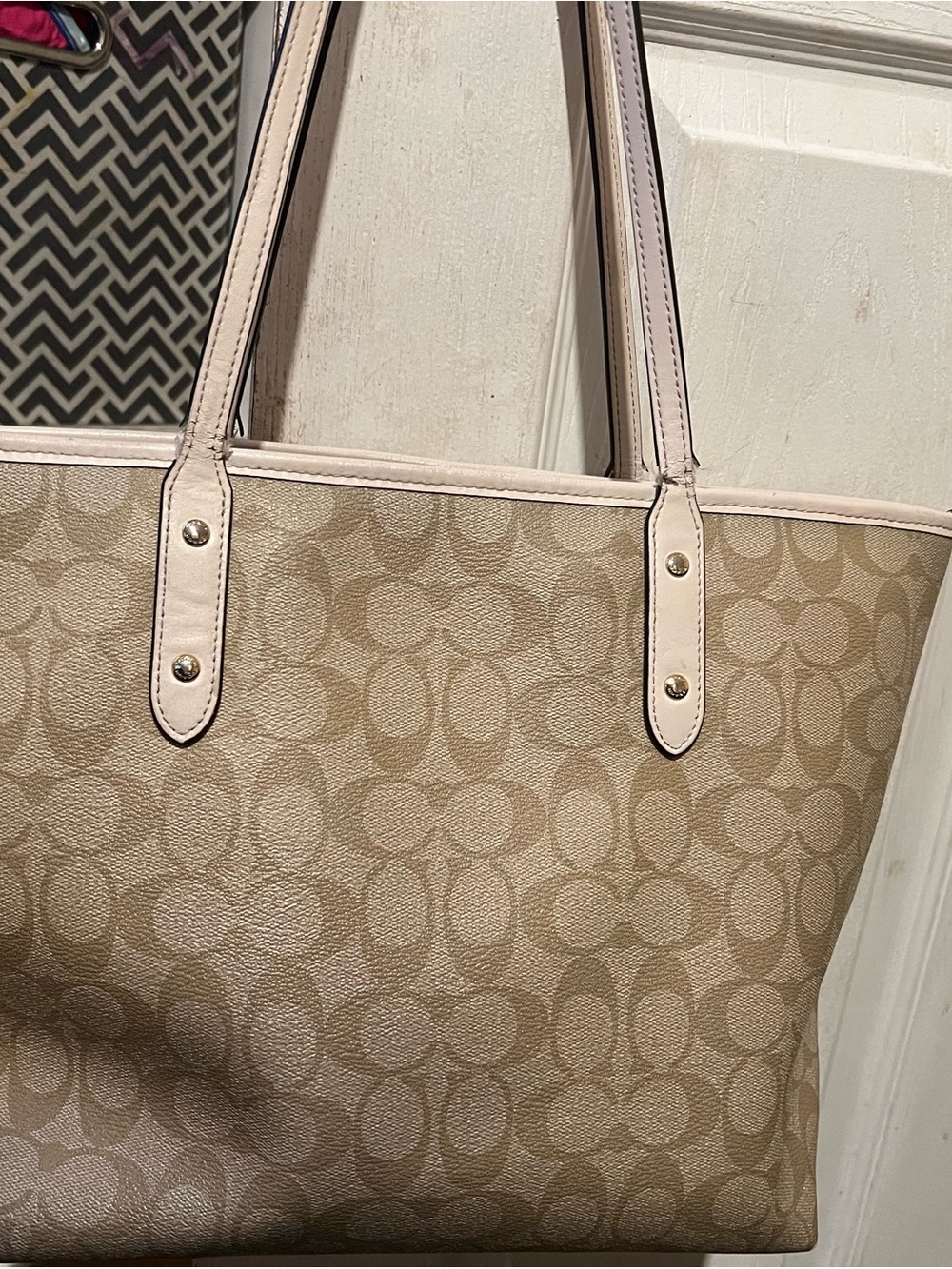 Coach Beige Signature Canvas Tote with Cream Leather Trim - Picture 3 of 3